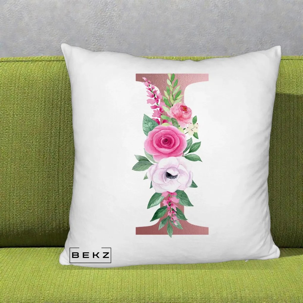 Cadou Personalizat - Perna Personalizata Monograma Rose Gold Litera I, 40x40 cm, Alb Pufos, Husa Detasabila, Perna Inclusa, BEKZ®