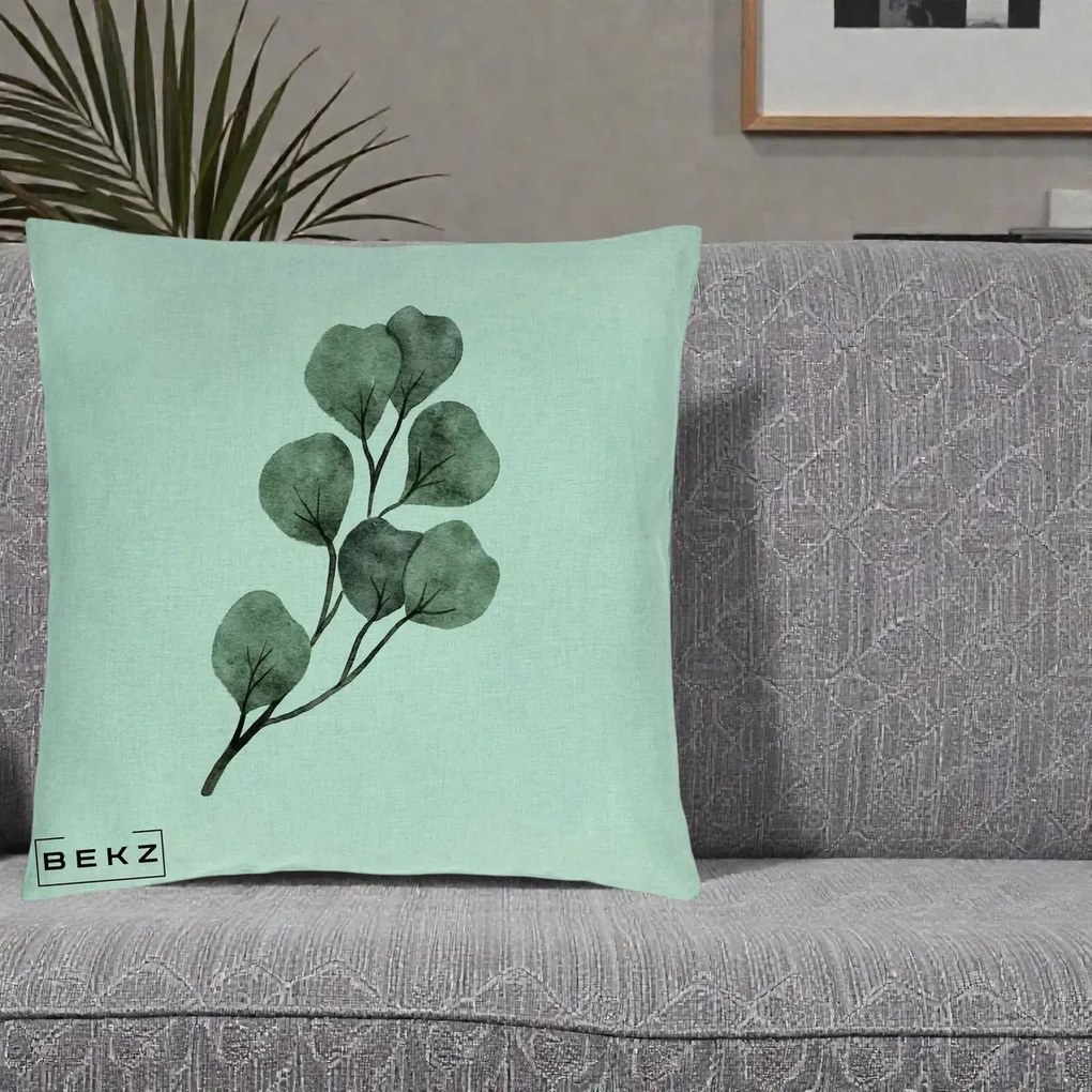 Perna Decorativa Ramura Eucalipt Acuarela, 40x40 cm, Verde Menta, Husa Detasabila, Perna Inclusa, BEKZ®