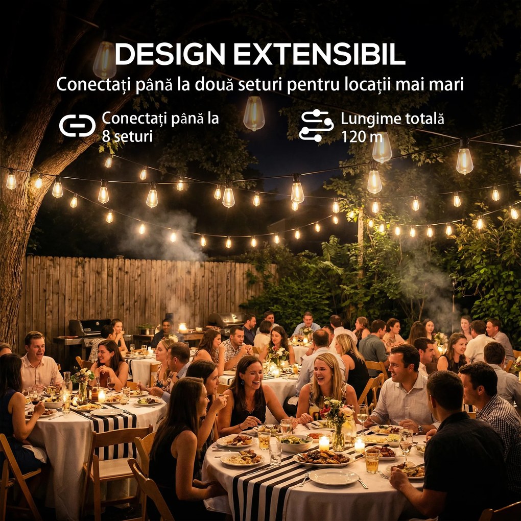 HOMCOM Lanț de Lumină, Lumini LED 50, 18 m, IP44 Impermeabile, Decorațiuni pentru Interior și Exterior, Grădină, Alb Cald | Aosom Romania