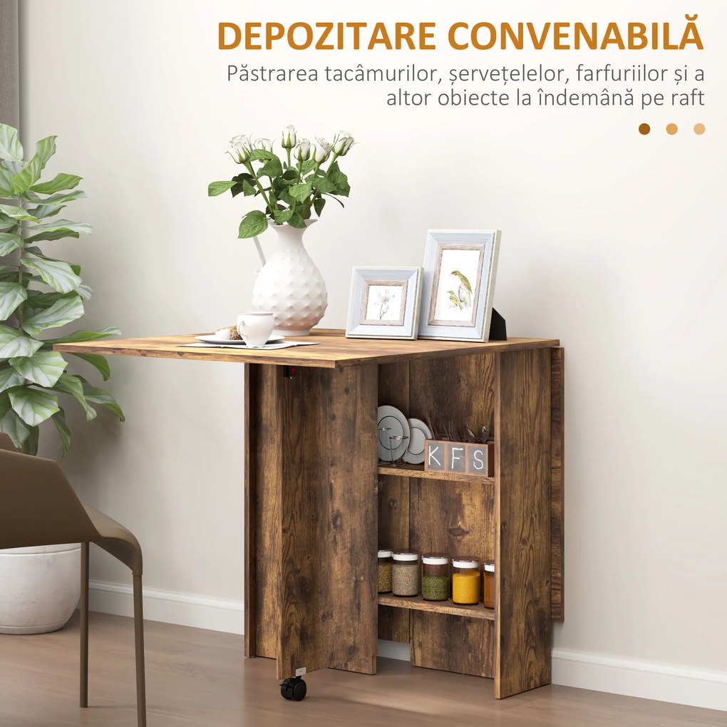 HOMCOM Masa Pliabila de Luat Masa, Masa cu Blaturi pentru Spatii Mici, cu Rafturi cu 2 Niveluri, Masa de Bucatarie Mica cu Rotile de Rulare | Aosom Romania