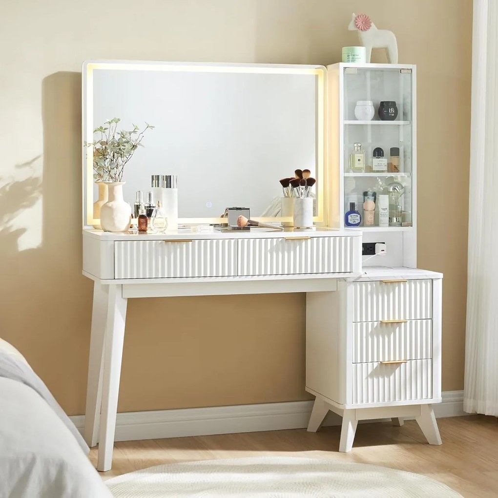 Masuta machiaj cu Oglinda LED si 5 Sertare pentru Cosmetice, Set Masa toaleta 122 cm, Alb, Antracit sau Culoarea Stejar, masuta cosmetica cu Riflaj,