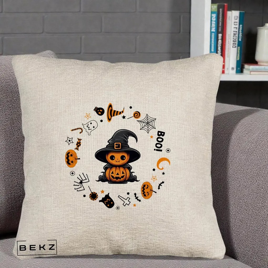 Perna Decorativa Halloween Dovleac Vrajitor Boo cu Simboluri, 40x40 cm, Bej Canapea, Husa Detasabila, Perna Inclusa, BEKZ®
