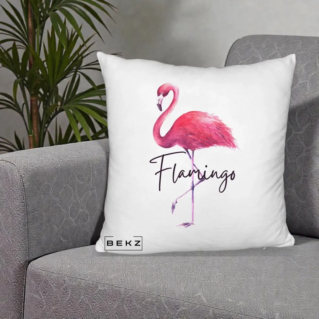 Perna Decorativa Flamingo Acuarela, 40x40 cm, Alb Pufos, Husa Detasabila, Perna Inclusa, BEKZ®