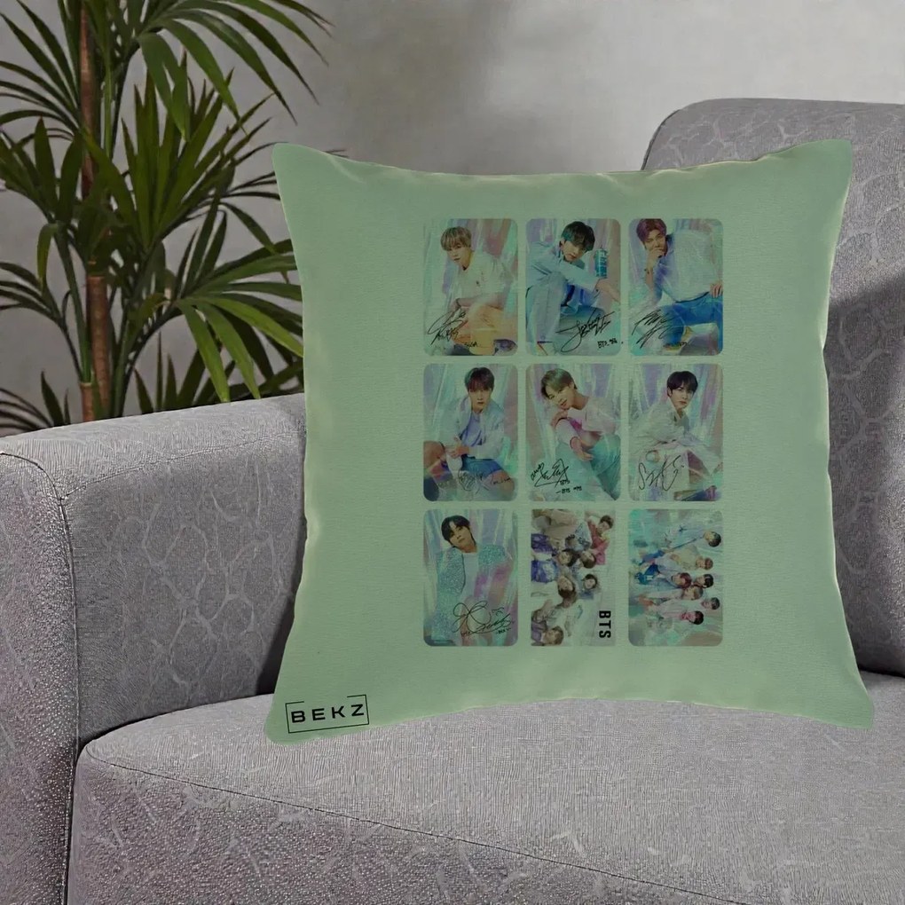 Perna Personalizata K-pop BTS Colaj 9 Fotografii Autografe Individual, 40x40 cm, Verde, Husa Detasabila, Perna Inclusa, BEKZ®