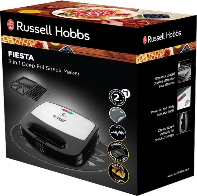 La mâna a doua: Sandwich maker Russell Hobbs Fiesta Deep Fill 24540-56 3in1, 750 W, 4 sandwich-uri, 3 placi diferite, Otel inoxidabil, Negru