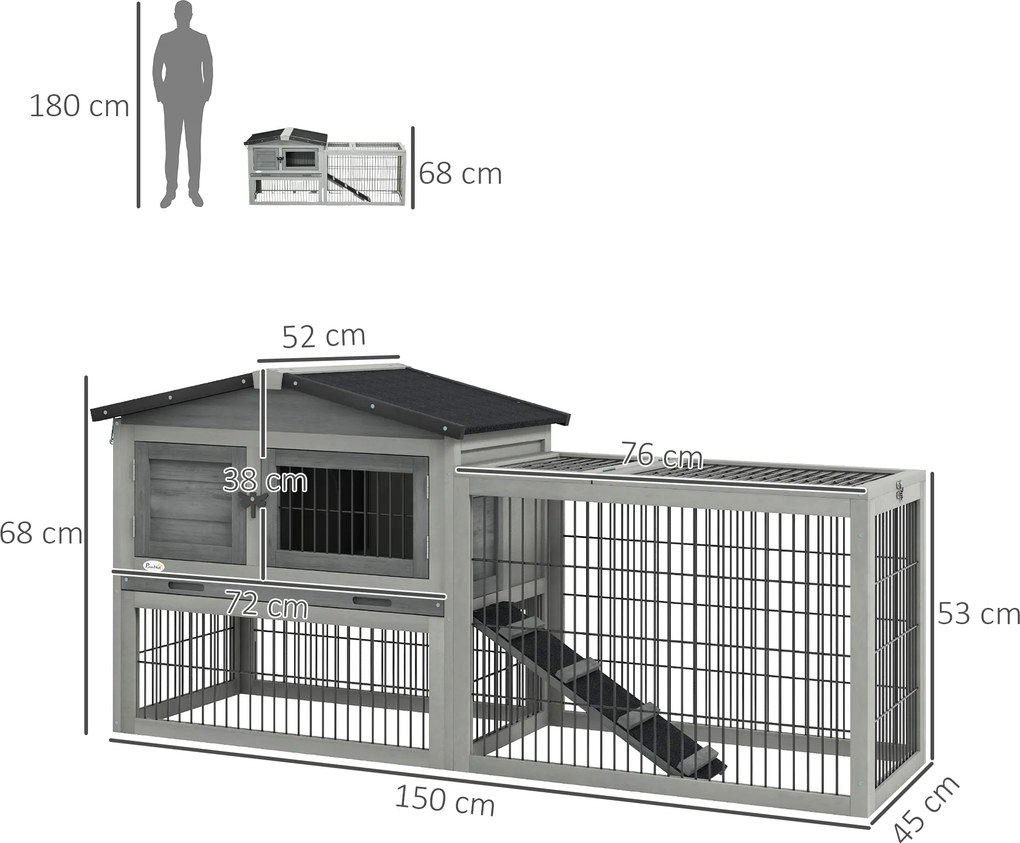 PawHut Cuib Exterior din Lemn de Brad cu Rampă, Acoperiș Rabatabil Impermeabil, Sertar Detașabil, Cuib pentru Iepuri, Animale Mici, Gri Deschis | Aosom Romania