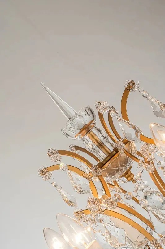 Lampadar din metal, auriu, cu 6 brațe tip lumânare și cristale din sticlă, 175 x 45 cm, „Memphis”