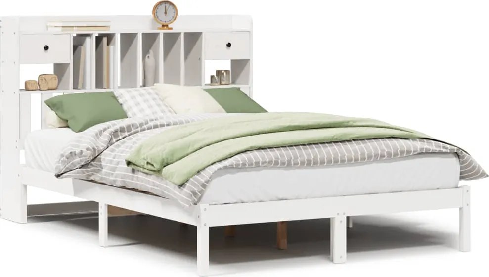 vidaXL Pat cu bibliotecă fără saltea, alb, 140x200 cm, lemn masiv pin