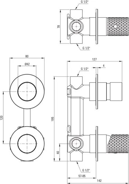 🚿 Baterie pentru duș încastrată SILIA HEXA, cu comutator – Finisaj oțel șlefuit – Cod BHS_F44P