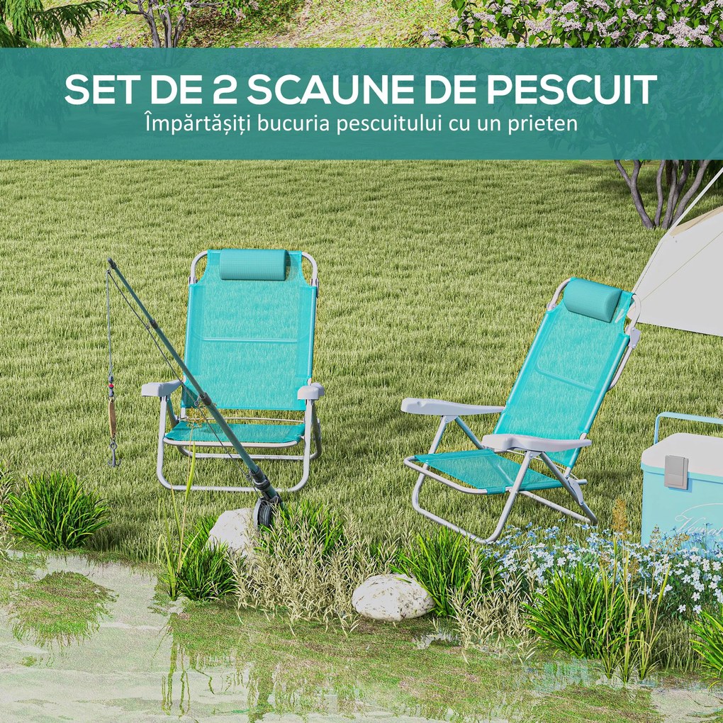 Outsunny Set 2 Scaune de Camping Pliabile cu Tetieră Căptușită și Spătar Reglabil în 6 Poziții, 62x65x80 cm, Albastru | Aosom Romania