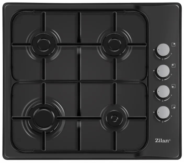 Plită încorporată Zilan ZLN 0034, 4 arzătoare cu gaz, 7.35 kW, Gaz natural sau propan-butan, 60x50 cm, Grătar din fontă, Protecție împotriva scurgerilor de gaz, Negru