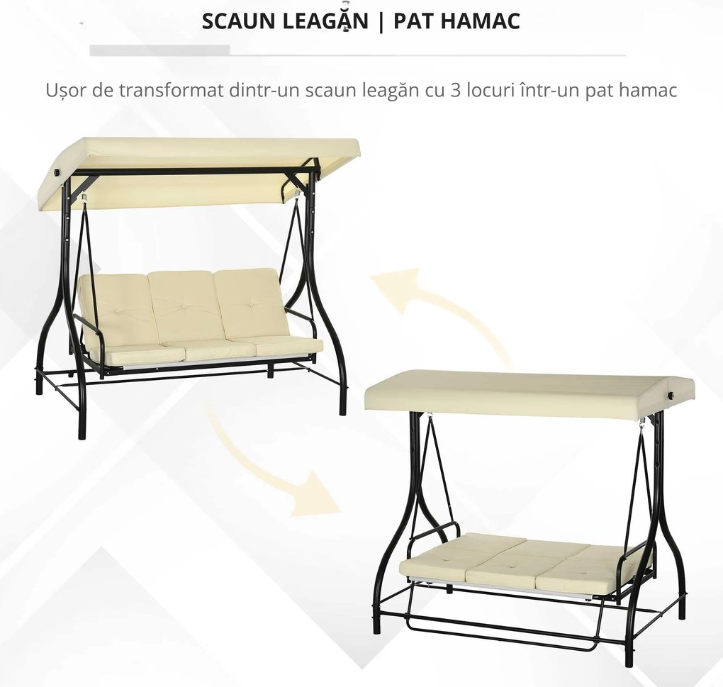 Outsunny Balansoar de Gradina 3 Locuri, Balansoar Pat pentru Exterior cu Copertina Reglabila, din Metal si tesut Teslin, Bej si Negru