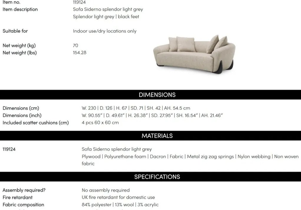 Canapea design LUX Siderno, Splendor gri deschis