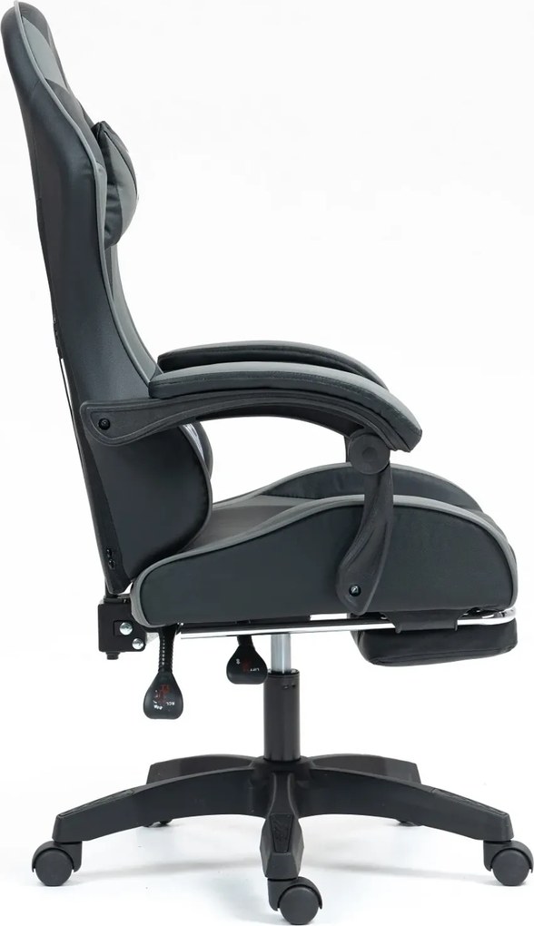 RESIGILAT- Scaun gaming, masaj în perna lombară, suport picioare, piele PU, Negru/Gri