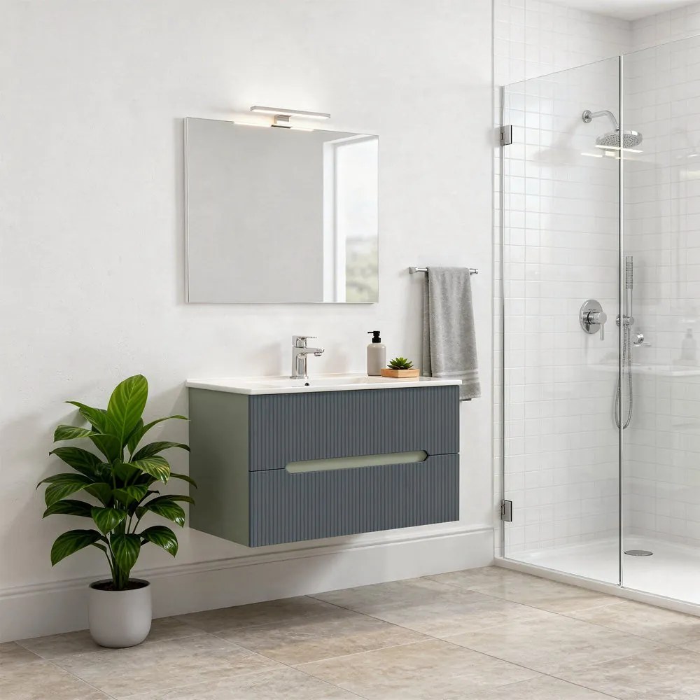 Trent Mobilier de baie 80 cm lavoar ceramic (2 sertare) cu oglindă 60x80 cm verde măslin-gri antracit