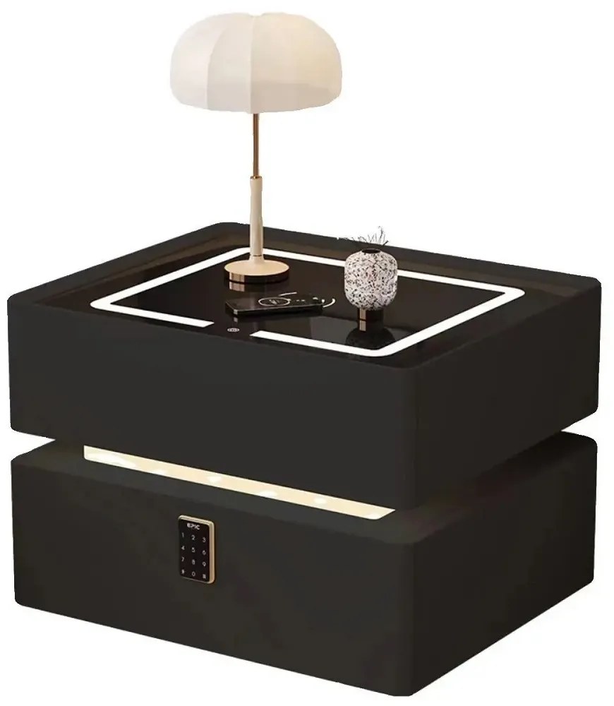 RESIGILAT- Noptieră inteligentă multifuncțională, sertar tip seif cu blocare cu parolă, încărcare Wireless, difuzor Bluetooth, iluminare LED touch în 3 culori, Negru