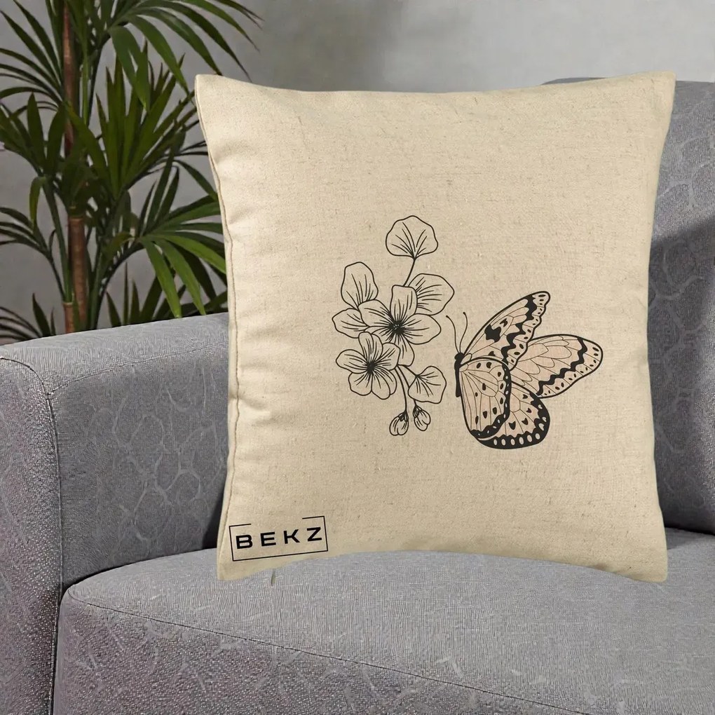 Perna Decorativa Fluture si Flori Linie Monocroma, 40x40 cm, Bej, Husa Detasabila, Perna Inclusa, BEKZ®