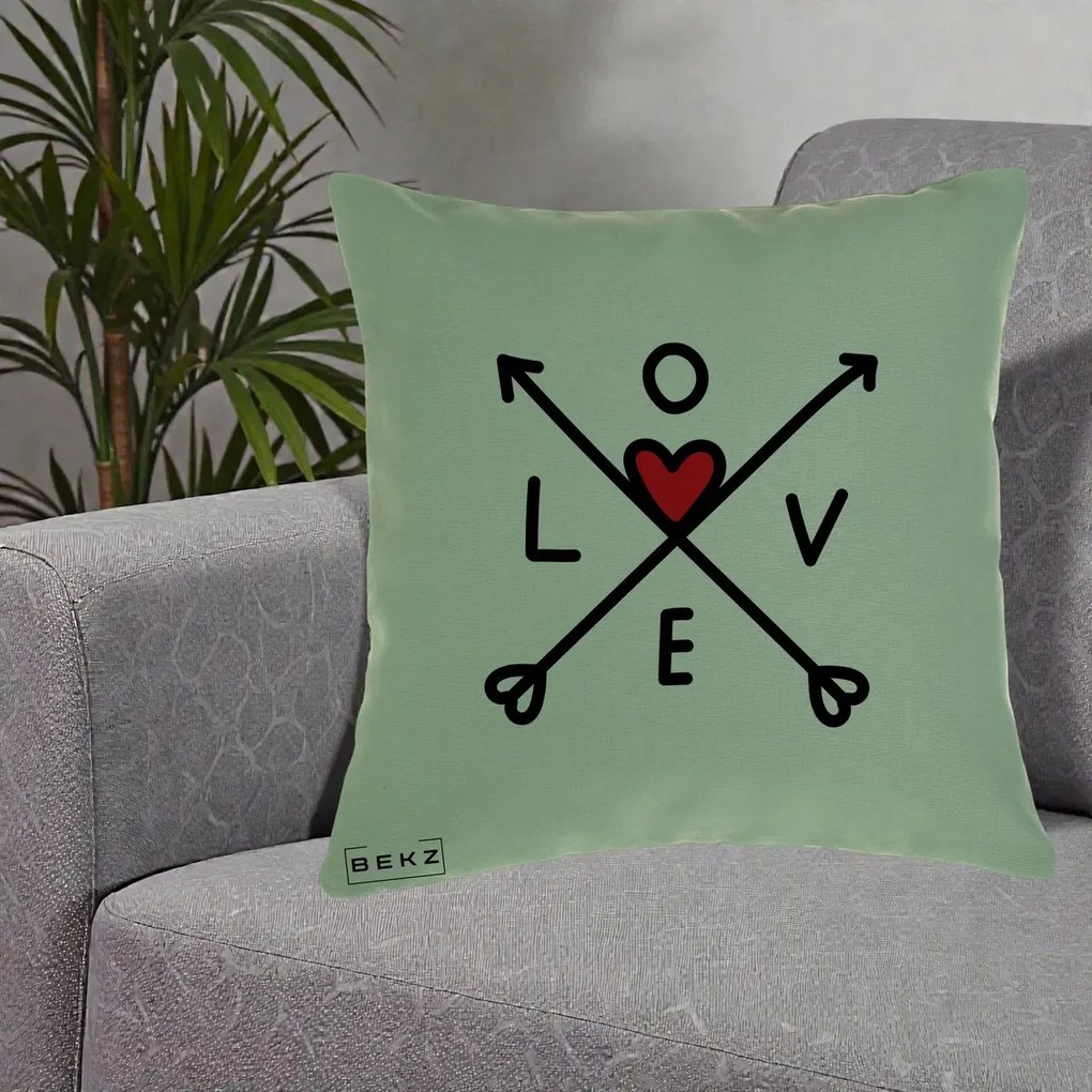 Perna Decorativa Love cu Sageti Incrucisate si Inima Rosie, 40x40 cm, Verde, Husa Detasabila, Perna Inclusa, BEKZ®