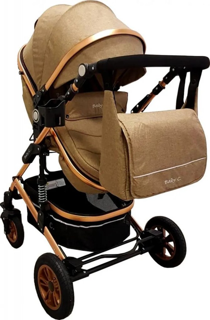 Carucior nou nascuti 3 in 1 Baby Care™ PRO 531 , Cu geanta Bebe inclusa, Cadru Aluminiu Gold, Amortizoare, Roti din cauciuc plin AVE, Landou, Scoica