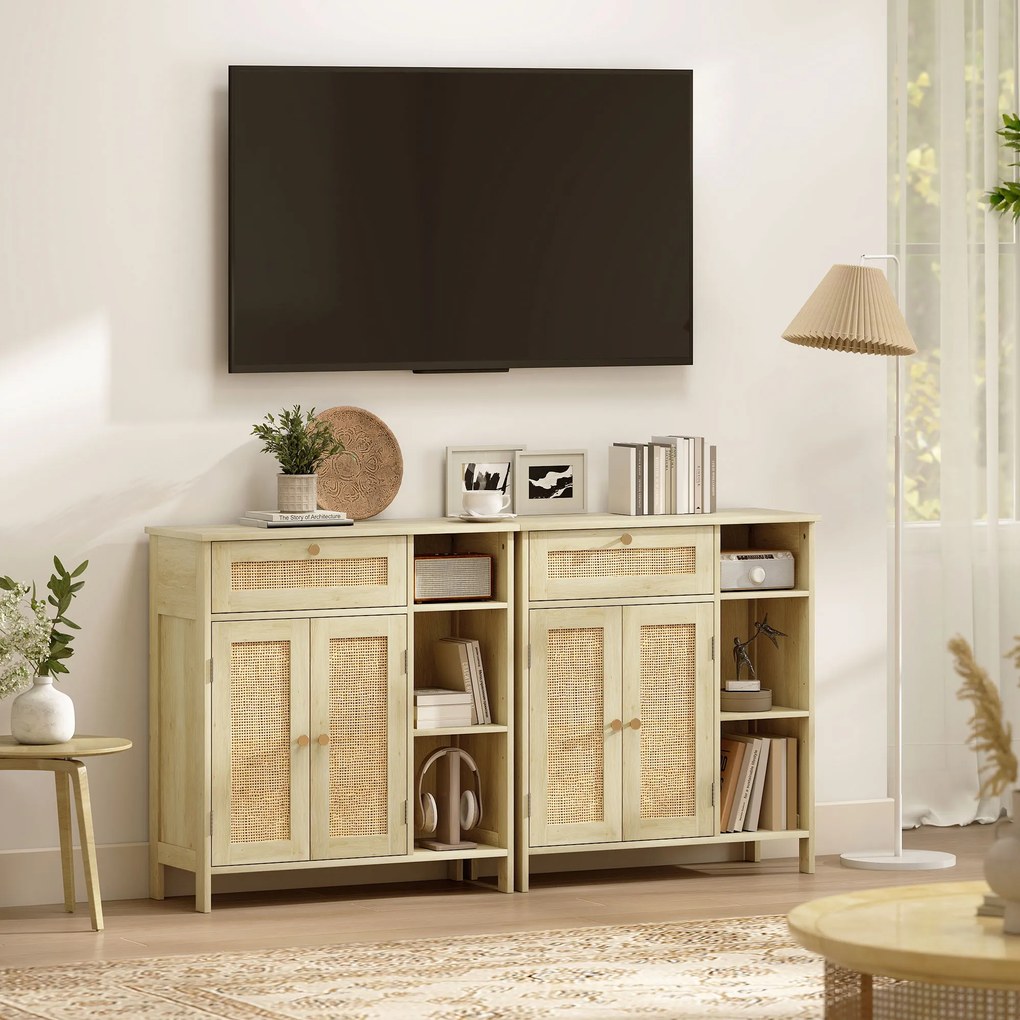 HOMCOM Bufet, mobilier de depozitare, 2 uși din ratan, sertar, nișe deschise, polițe reglabile, 75x30x79,5cm, lemn natural | Aosom Romania