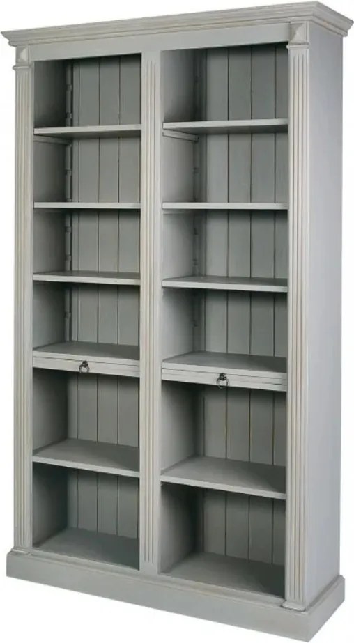 Bibliotecă înaltă din lemn, gri, cu 10 rafturi deschise, dintre care 2 culisante, și pilaștri cu caneluri, 197 x 120 x 37 cm, „Oslo”