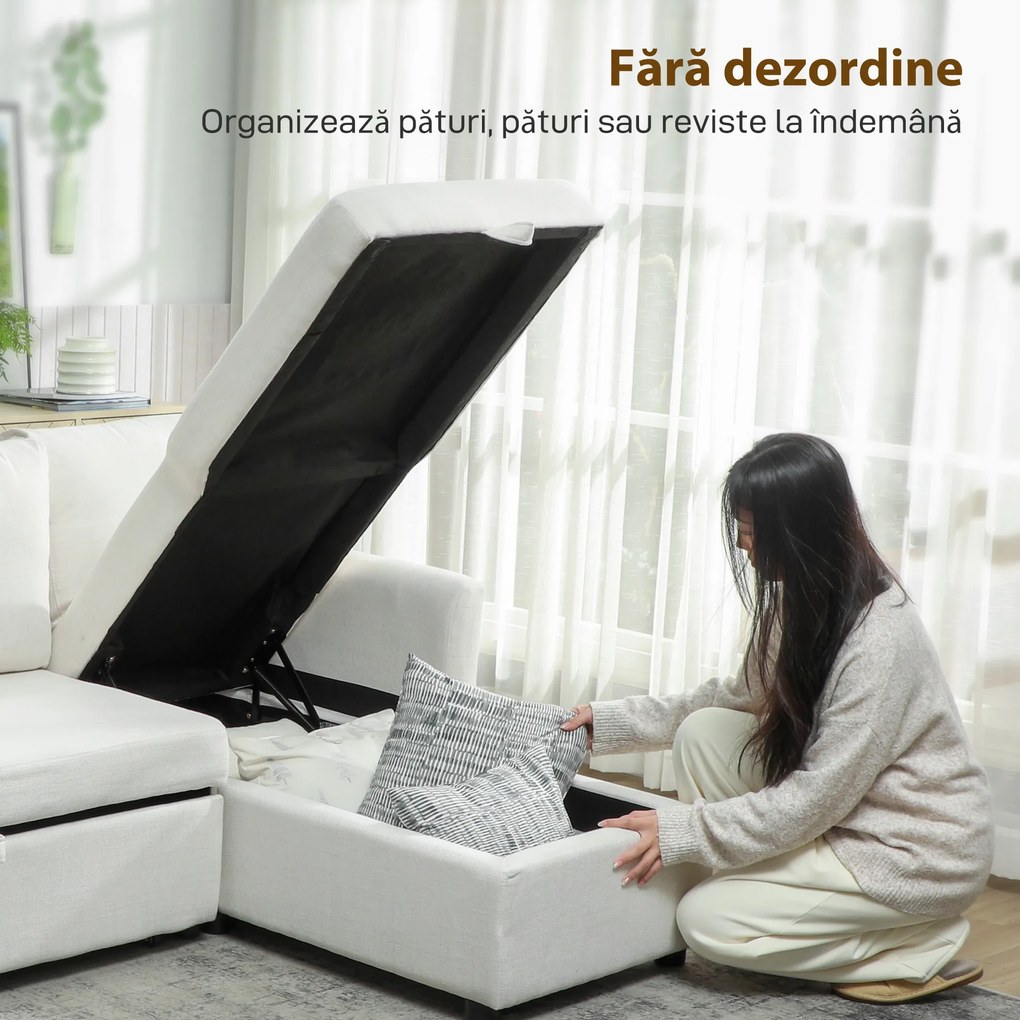 HOMCOM Divan Extensibil pentru 3 Persoane cu Șezlong Convertibil, Divan Rabatabil cu Compartiment de Depozitare și 3 Perne Detașabile, Material Textil cu Efect de In, Living, 192x148x86cm, Crem | Aosom Romania
