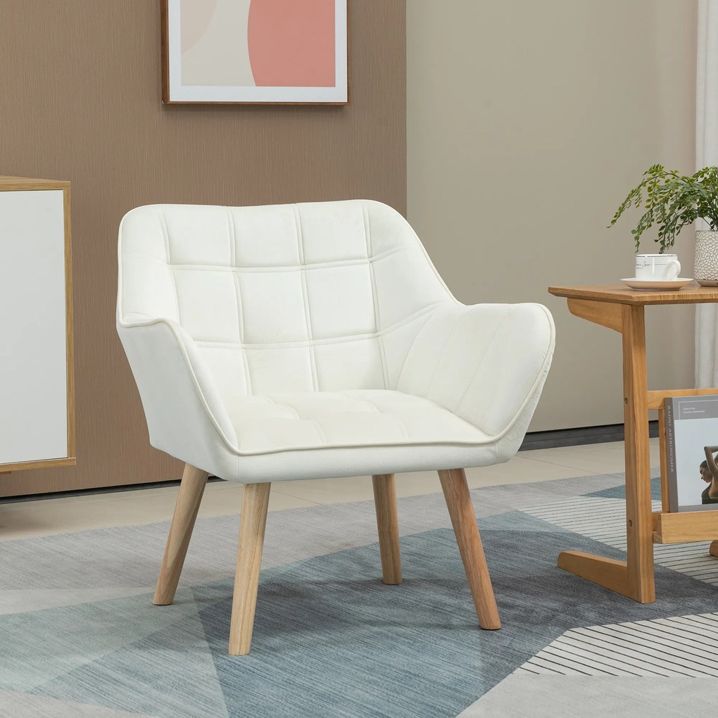 Fotoliu de design scandinav HOMCOM din lemn si catifea crem, pentru sufragerie/birou, 68,5x61x72,5cm | Aosom Romania