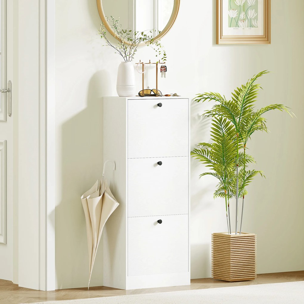 HOMCOM Dulap cu 3 Uși Rabatabile Rafturi Ajustabile și Design Compact 47x28x115 cm Alb cu Inserții de Lemn | Aosom Romania