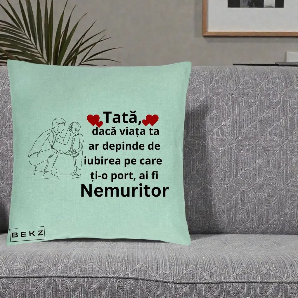 Cadou pentru Tata - Perna Personalizata Tata Nemuritor cu Inimi Rosii, 40x40 cm, Verde Menta, Husa Detasabila, Perna Inclusa, BEKZ®