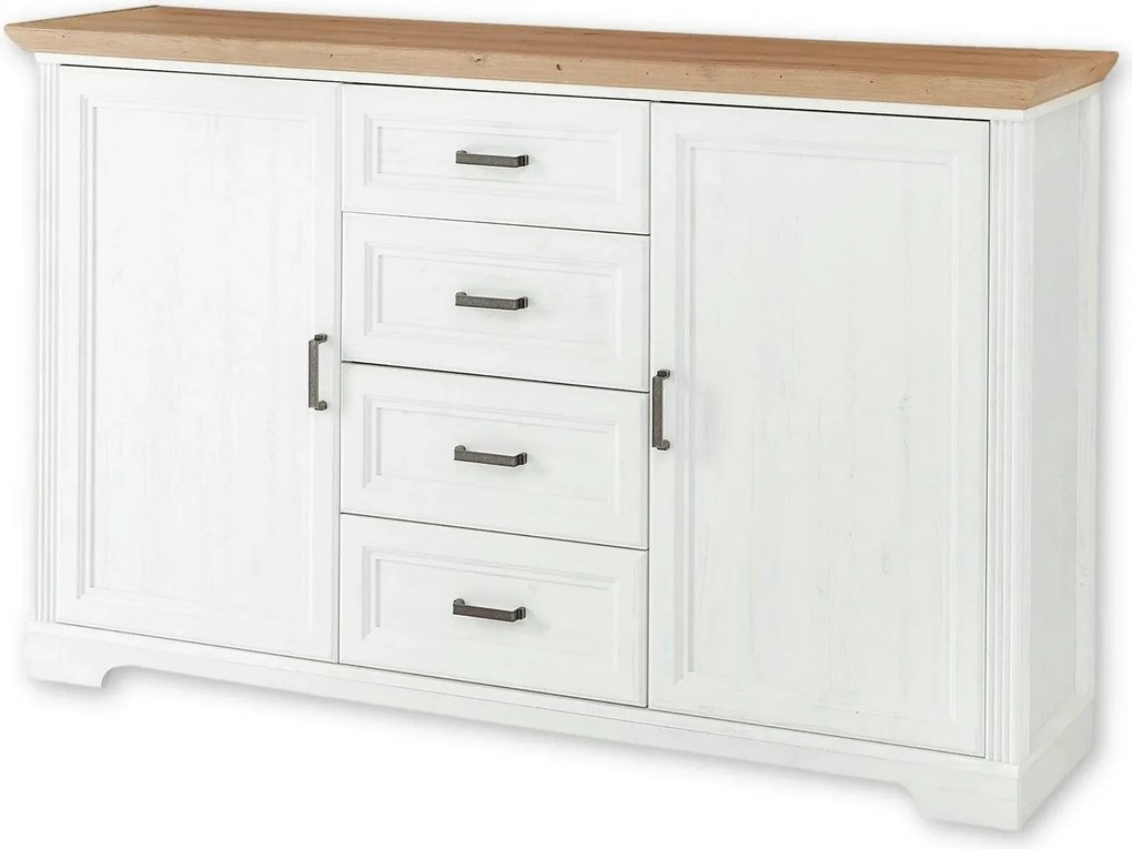 Comoda JASMIN, alb/stejar artisan, PAL, cu 2 usi si 4 sertare, 165x41x