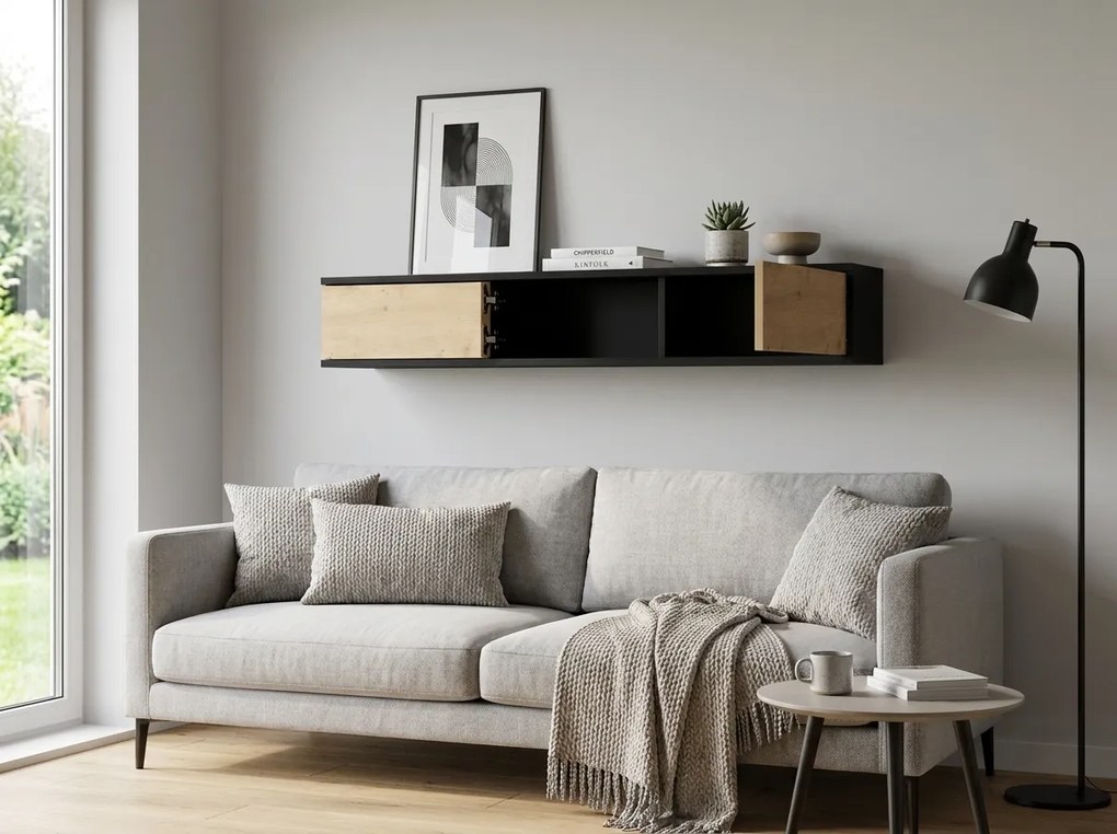 Polita de perete cu dulapuri LANZZI 120 cm, negru/stejar