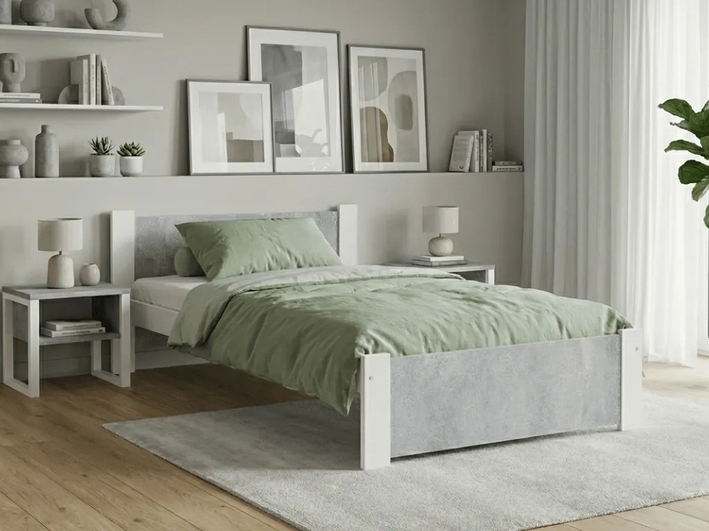 Pat de o persoana IKAROS 90 x 200 cm, beton/alb Saltele: Cu saltele Coco Maxi 20 cm, Somiera pat: Cu lamele drepte