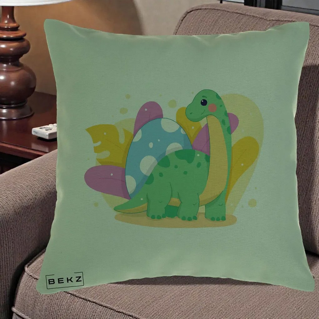 Perna Personalizata Dinozaur cu Ou Pastelat, 40x40 cm, Verde, Husa Detasabila, Perna Inclusa, BEKZ®
