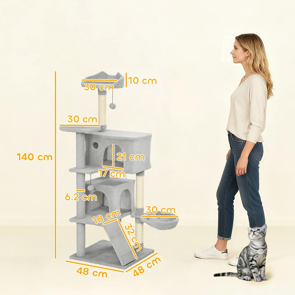 PawHut Arbore Zgâriător pentru Pisici Înalt de 140 cm cu 2 Căsuțe, Hamac, Pat și Stâlpi din Sisal, Gri | Aosom Romania