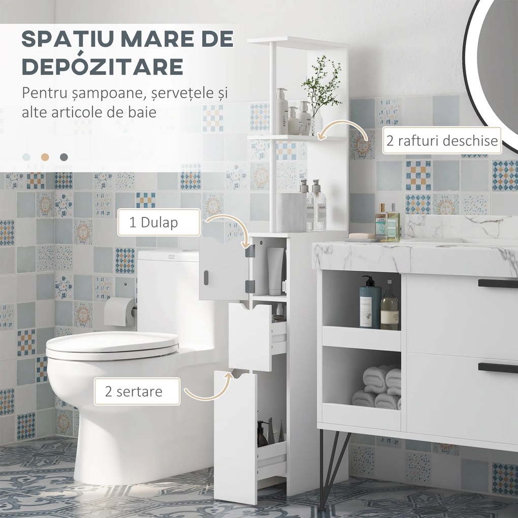 HOMCOM Dulap de Baie din Lemn cu Rafturi și Sertare, 15x33x136 cm, Lemn Natural | Aosom Romania