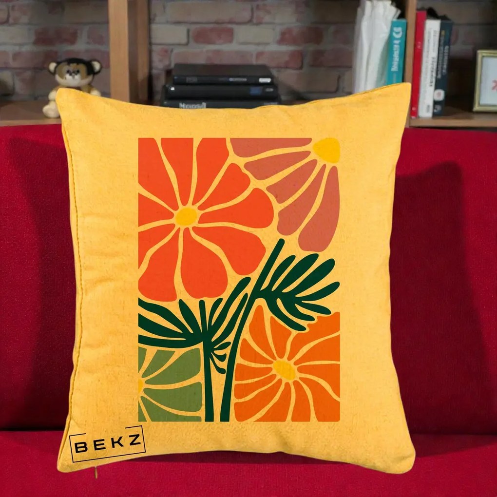 Perna Decorativa Flori Grafice Roz-Orange-Albastru, 40x40 cm, Galben, Husa Detasabila, Perna Inclusa, BEKZ®