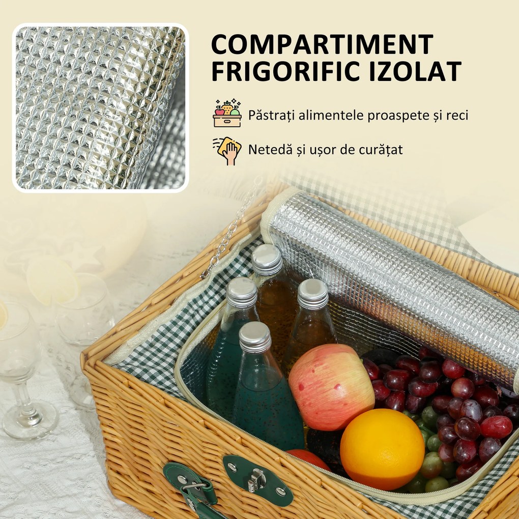 Outsunny Coș de Picnic din Răchită pentru 2 Persoane cu Zonă Frigorifică și Veselă, 40x30x20 cm, Maro Deschis | Aosom Romania