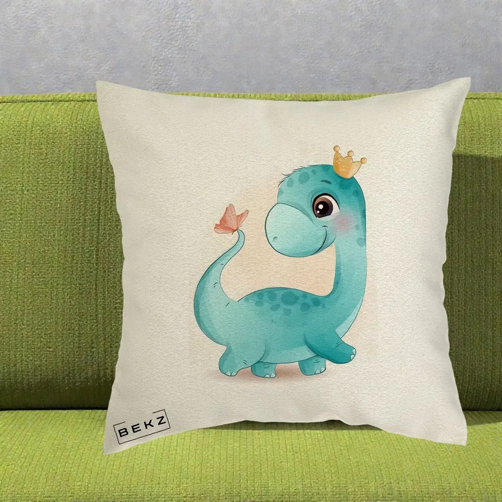 Perna Personalizata Dinozaur Bland Coroana Kawaii, 40x40 cm, Ecru, Husa Detasabila, Perna Inclusa, BEKZ®
