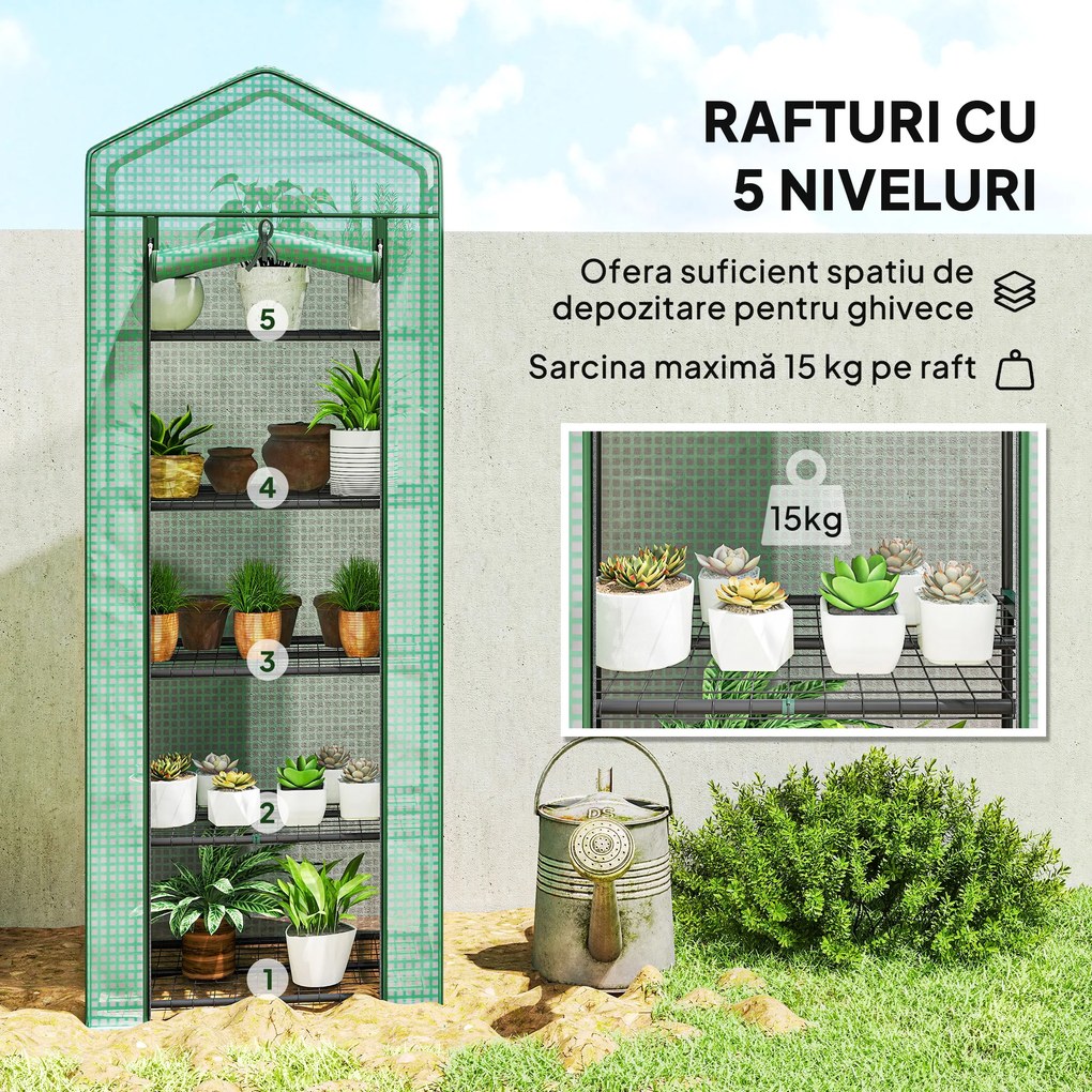 Outsunny Seră de grădină balcon etajere seră 5 niveluri 0,69 x 0,49 x 1,93 m oțel folie rulabilă PE verde | Aosom Romania