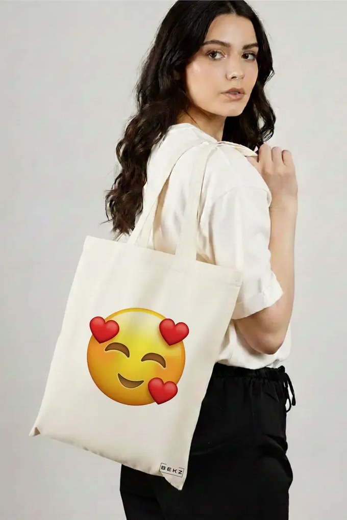 Sacosa de Panza pentru Cumparaturi, Geanta Tote, model In Love, 38x34.5 cm, Alba, BEKZ®