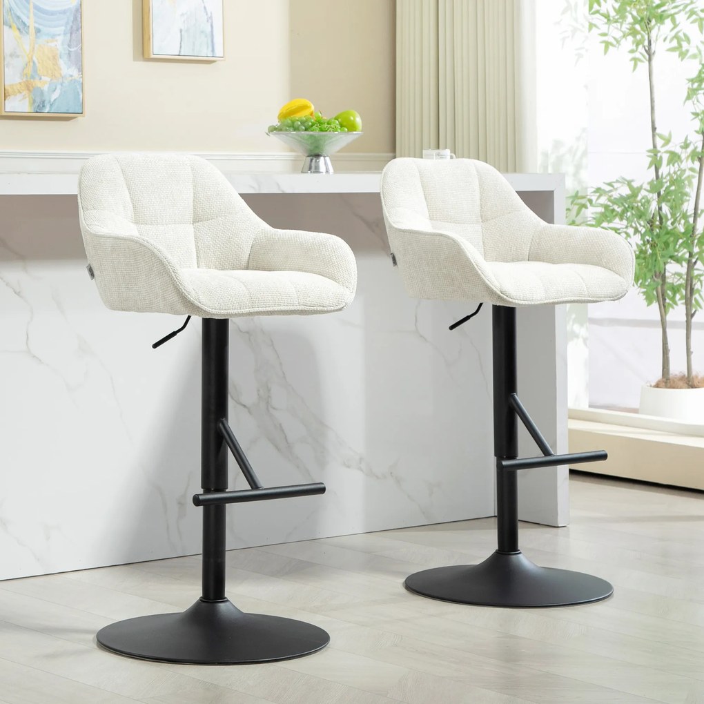 HOMCOM Lot de 2 taburete de bar, scaune de bar, înălțime reglabilă, material textil efect in și bază din oțel, 52,5 x 53 x 86,5-108 cm, crem | Aosom Romania