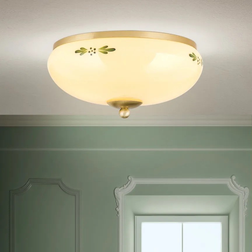 Plafoniera clasica Landhaus 28cm alama satin/ sticla champagne decor verde