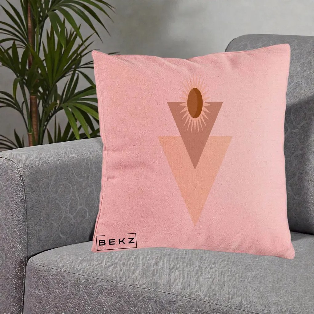 Perna Decorativa Boho Sun cu Triunghiuri Bej si Oval Solar, 40x40 cm, Roz, Husa Detasabila, Perna Inclusa, BEKZ®