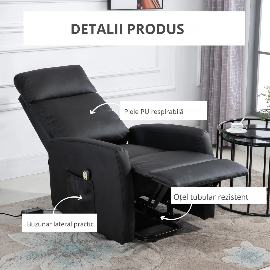 Fotoliu rabatabil cu sistem de ridicare, captusit, electric, 145° cu suport pentru picioare cu telecomanda din PU negru HOMCOM | Aosom Romania