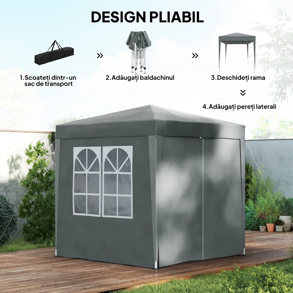 Outsunny Foișor Pliabil 2x2 m Pop Up cu 2 Uși, 2 Ferestre, 4 Pereți Detașabili, Foișor de Exterior cu Husă de Transport din Oțel și Țesătură Oxford, pentru Grădină, Petreceri, Camping, Gri | Aosom Romania