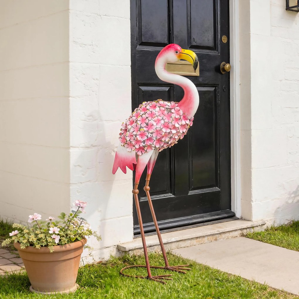 Outsunny Statuie de Grădină Flamingo, Sculptură de Pasăre din Metal cu Pene Florale, 28 x 19 x 83 cm, Roșu | Aosom Romania