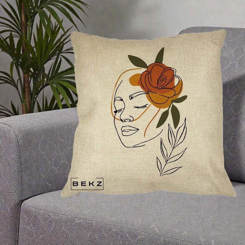 Perna Decorativa Portret Feminin Trandafir Ruginiu, 40x40 cm, Crem, Husa Detasabila, Perna Inclusa, BEKZ®