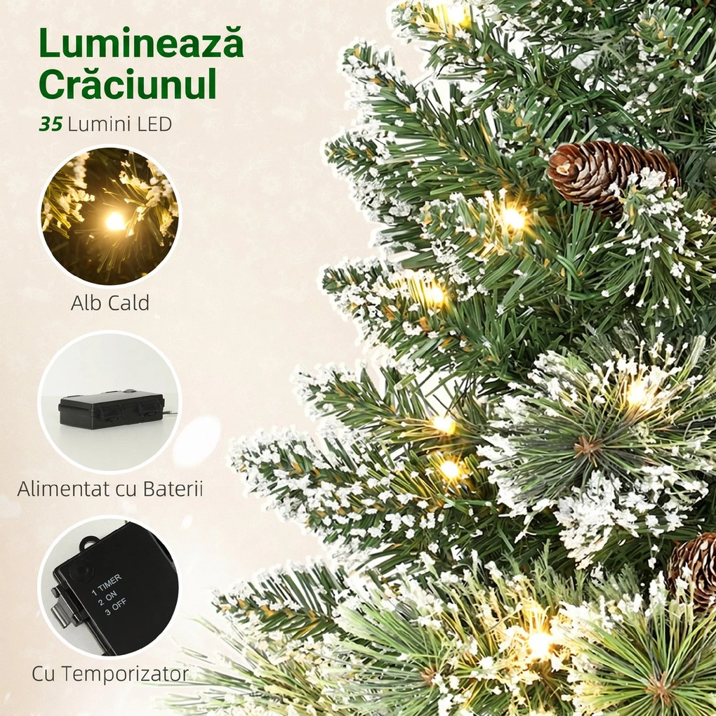 HOMCOM Pom de Crăciun Miniatural Pre-luminat 60 cm, Pom de Crăciun cu Zăpadă | Aosom Romania