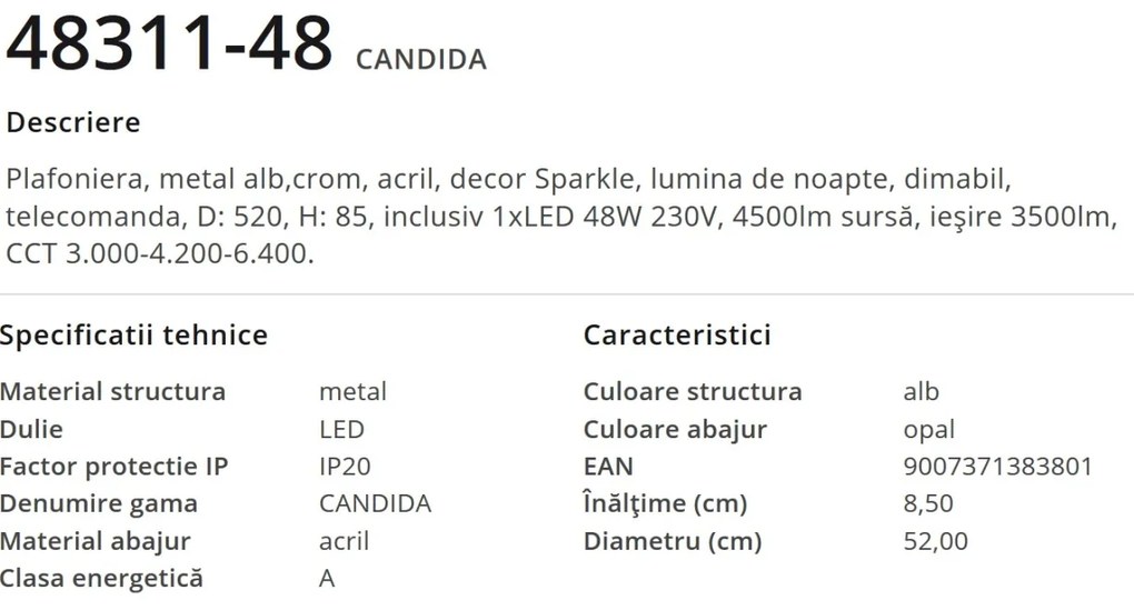 Plafoniera LED cu telecomanda 52cm CANDIDA 48311-48 GL