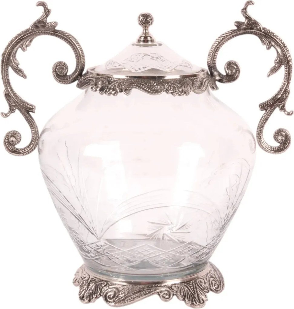 Borcan din sticlă gravată și aluminiu, argintiu, cu capac și mânere cu volute, aspect vintage, finisaj antichizat, 31 x 31 cm, „Amphore”